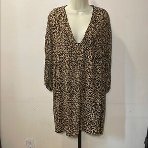 Zara Brown and Black V-Neck Sheath Dress with Bishop Sleeves